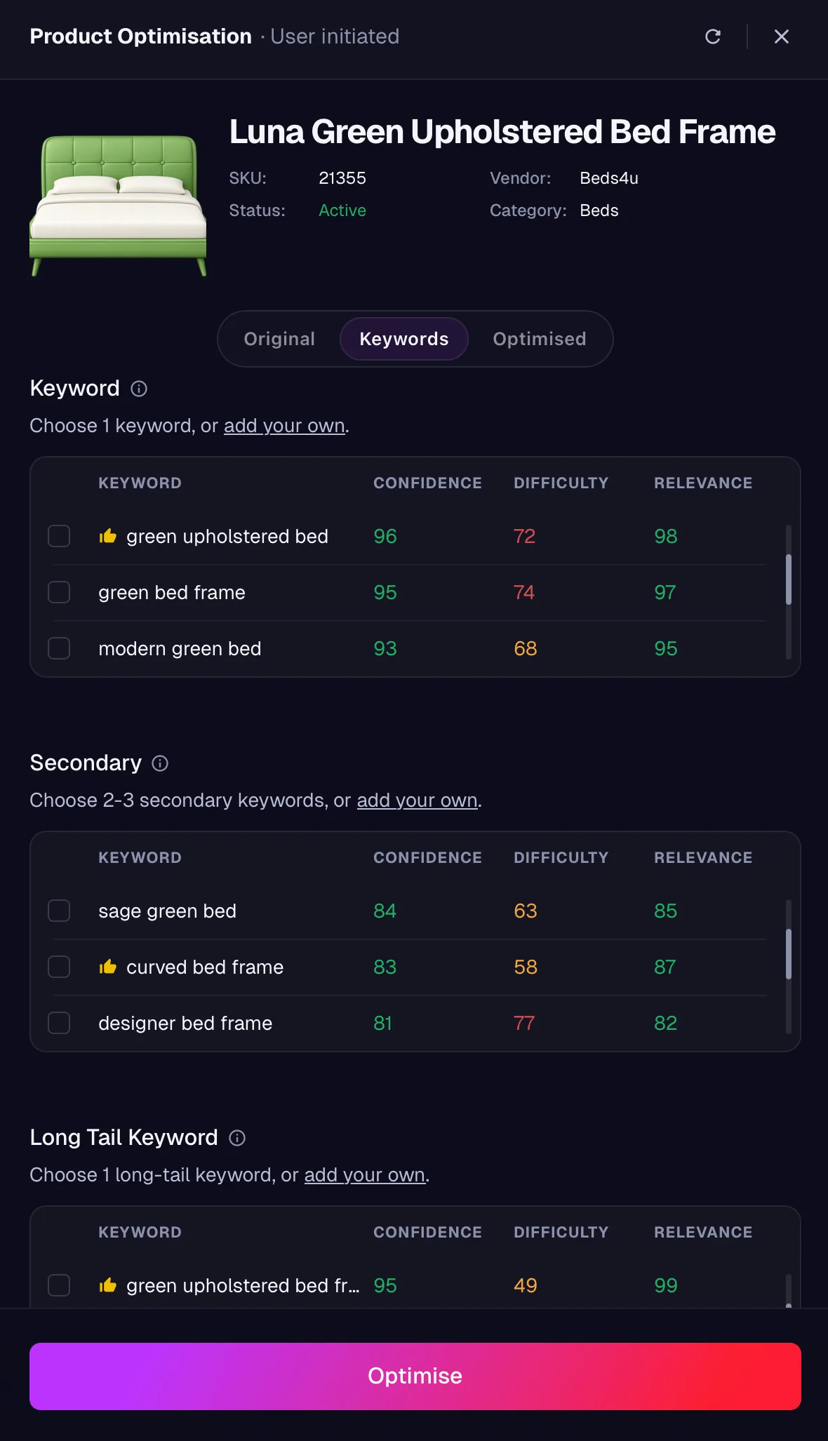 FYVO keyword optimisation approval screen