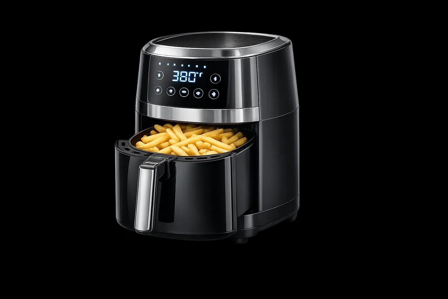 Digital black air fryer with fries