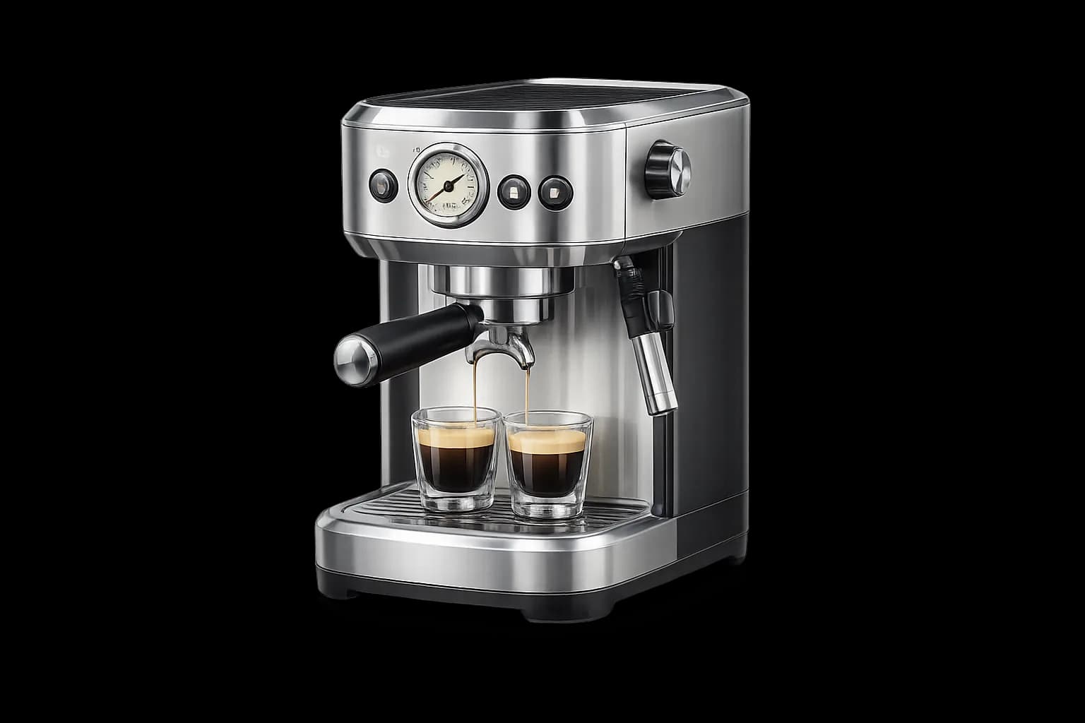 Silver espresso machine pouring coffee